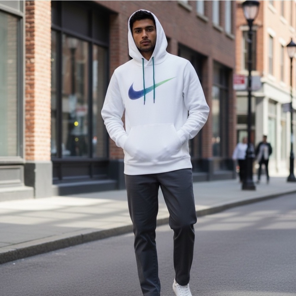 Nike Therma Fit Hoodie‎ Mens Large Sweater W/ Large Center Swoosh Logo White
